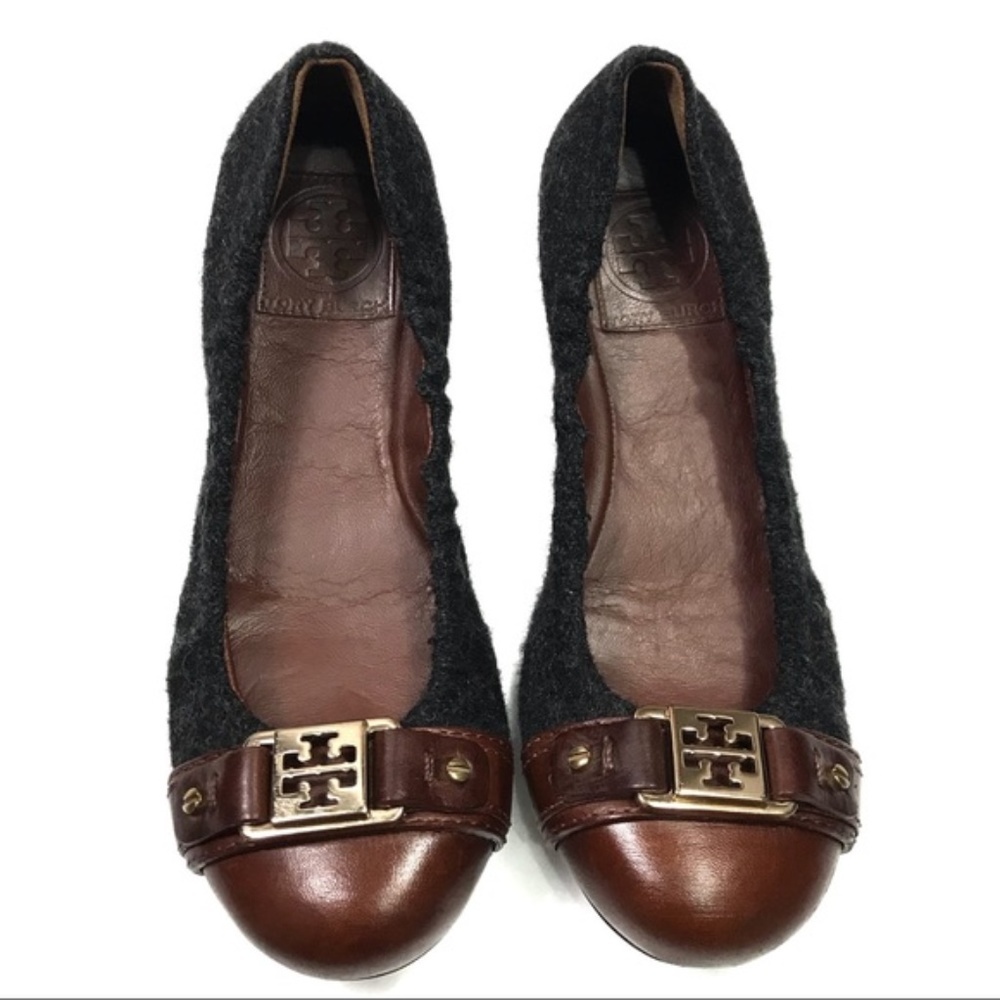 Tory Burch Gray Wool Brown Ballerina Flats Sz 6.5